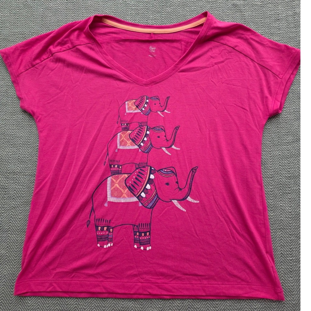 Sleep Chic Womens Large Magenta Pink Elephant Graphic V-Neck Pajama Top Lounge